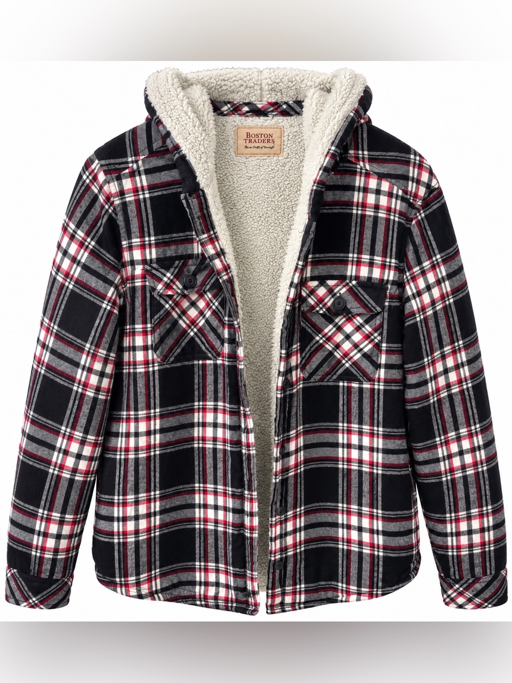 Boston Traders Plaid Sherpa Lined Hooded Flannel Jacket Black Red Size Small